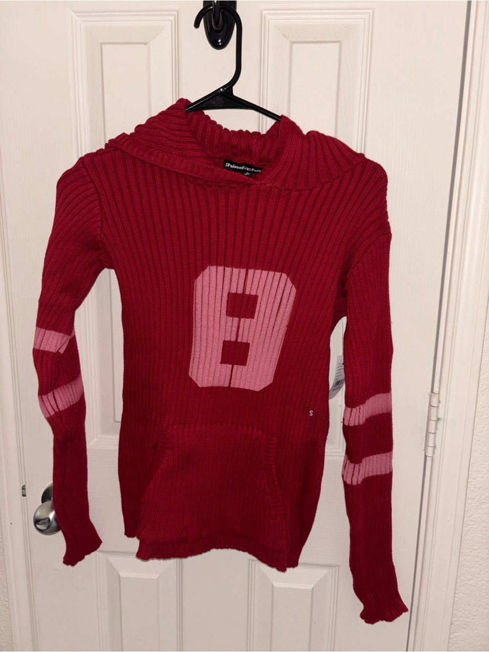 Red Ribbed Sweater Hoodie with Pink Number Detail  third charm from PACSUN